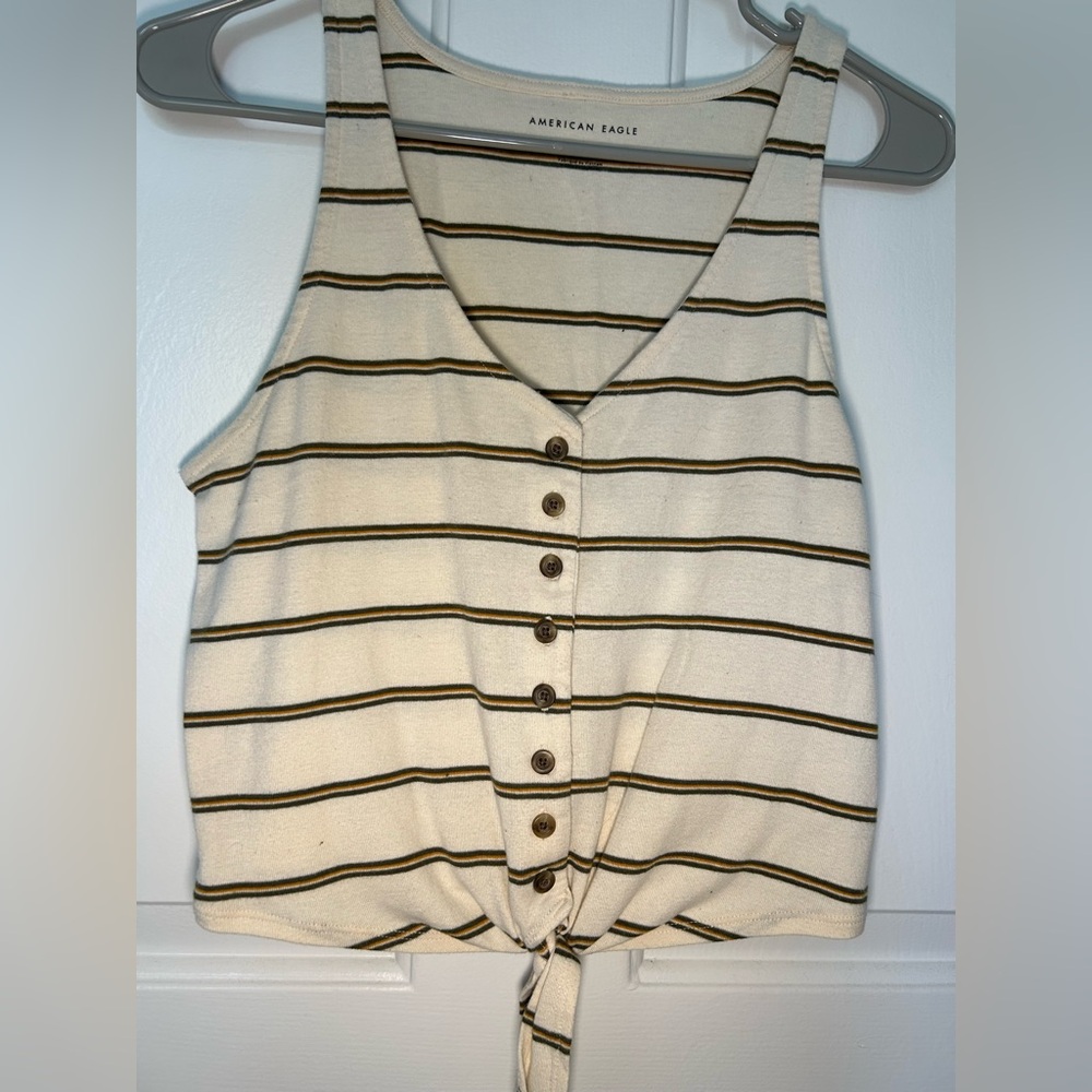 American Eagle Outfitters Cream Striped Button-Front Tie Tank